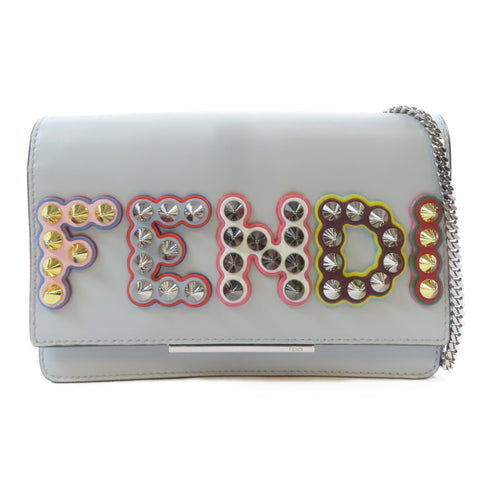 FENDI "Fun Fair" Studded Logo Chain Shoulder Bag 8M0346 Calfskin Light Blue
