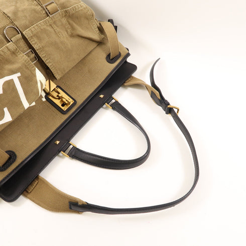 VALENTINO GHW 2 Way Bag Calfskin Leather/Canvas Black/Khaki