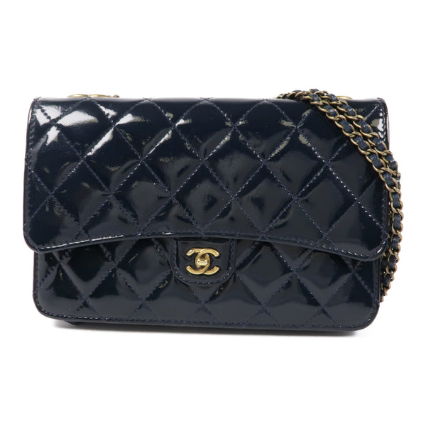 CHANEL CC GHW WOC Wallet On Chain Shoulder Bag Patent Leather Navy