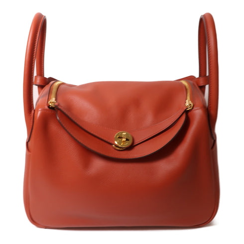 HERMES GHW Lindy 30 2Way Shoulder Hand Bag Evercolor Stamp Y Brique 36 Red