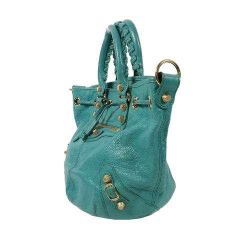 BALENCIAGA GHW Giant Pom Pom 2 Way Shoulder Bag Handbag Calfskin Leather Green