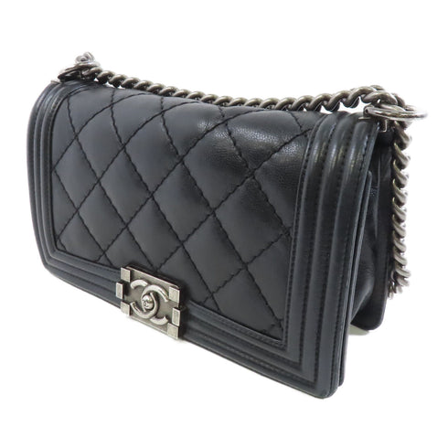 CHANEL Quilted CC SHW Boy 25 Chain Shoulder Bag Lambskin Leather Black