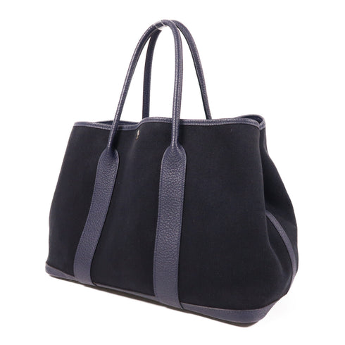HERMES PHW Garden Party PM Handbag Canvas Navy Black