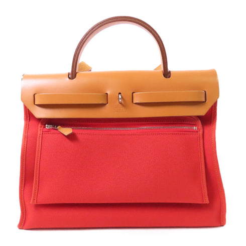 HERMES PHW Herbag PM 2 Way Shoulder Bag Canvas Leather Rouge Tomate