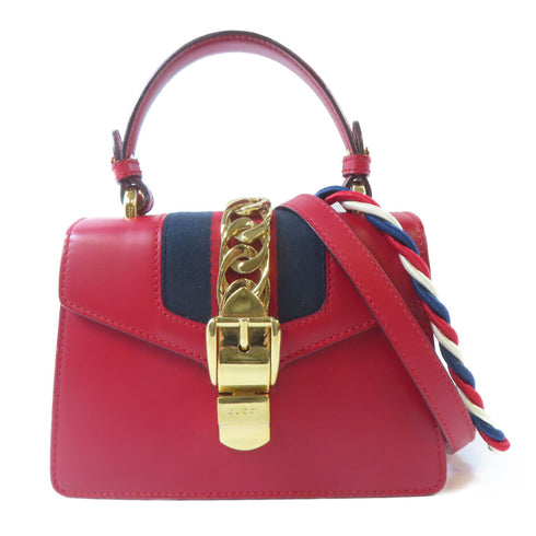 GUCCI GG GHW Sylvie Mini Shoulder Bag 2 Way Shoulder Handbag 470270 Calfskin Red