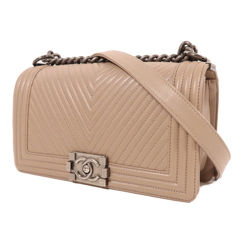 CHANEL CC SHW Boy 25 Chain Shoulder Bag Leather Beige