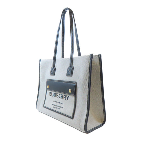 BURBERRY GHW Freya Tote Bag Shoulder Handbag Canvas Leather Black White