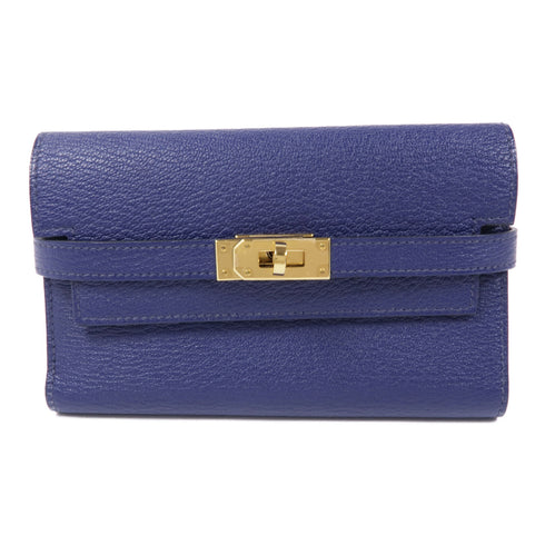 HERMES GHW Kelly Wallet Chevre Leather Bleu Encre Blue