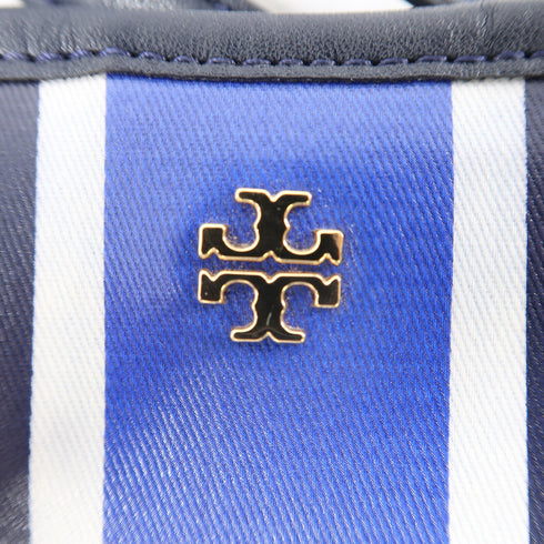 Tory Burch GHW Shoulder Tote Bag Coated Canvas Leather Gray Blue