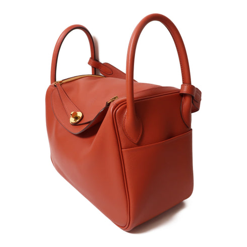 HERMES GHW Lindy 30 2Way Shoulder Hand Bag Evercolor Stamp Y Brique 36 Red