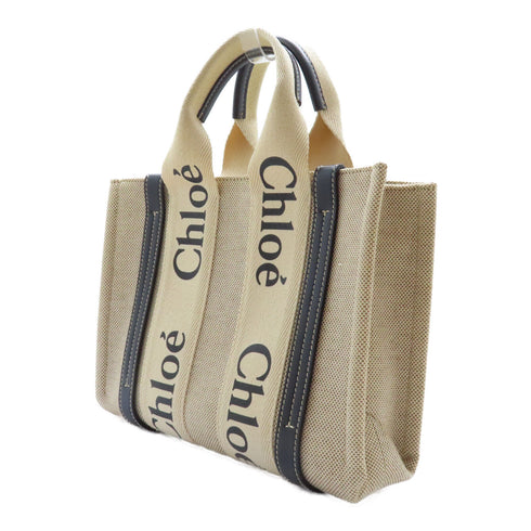 Chloe GHW Mini Woody Tote 2 Way Shoulder Bag Canvas Beige Black