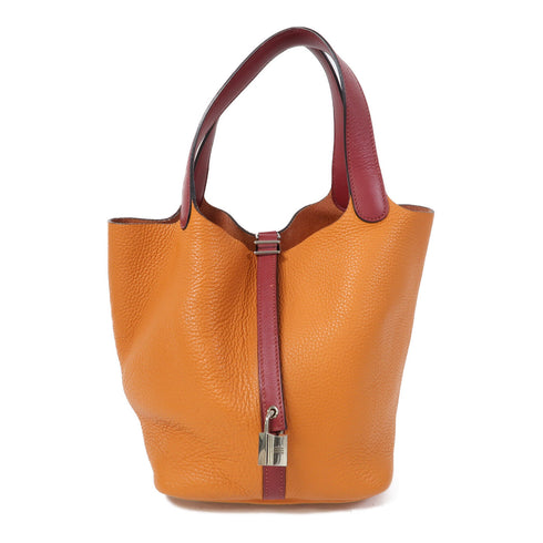 HERMES PHW Picotin MM Hand Bag/Tote Bag Clemence/Swift Leather Feu/Rouge Grenat