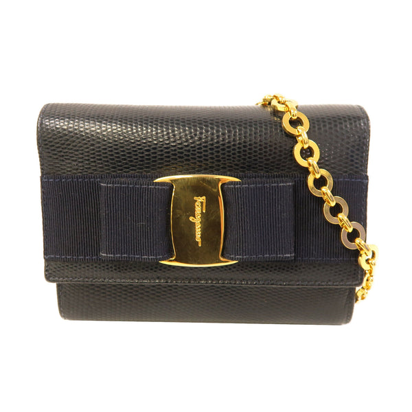 Salvatore Ferragamo GHW Chain Shoulder Bag Calfskin Leather Blue