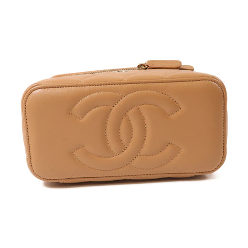 CHANEL CC GHW Vanity Bag 2 Way Chain Shoulder Lambskin Leather Apricot