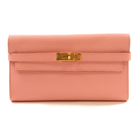 HERMES GHW Kelly Long Wallet Chevre Leather Pink