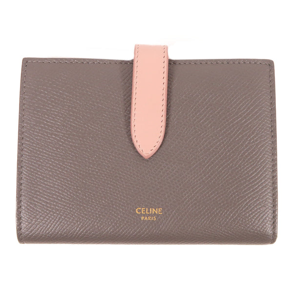 CELINE Medium Strap Wallet In Bicolour 10B643BRU Calfskin Leather Grey/Pink