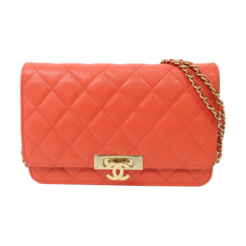CHANEL Quilted CC GHW Wallet On Chain Shoulder Bag Caviar Leather Red