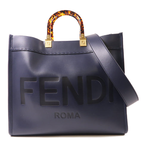 FENDI GHW Sunshine Tote 2 Way Bag 8BH386 Calfskin Leather Navy