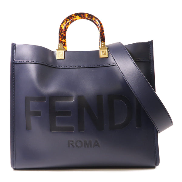 FENDI GHW Sunshine Tote 2 Way Bag 8BH386 Calfskin Leather Navy
