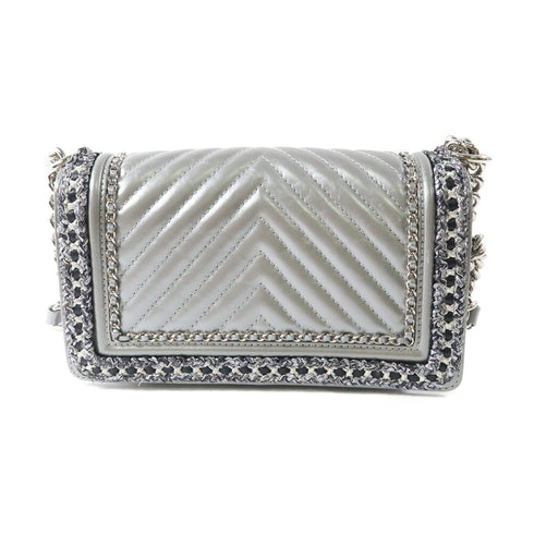CHANEL CC SHW Boy 25 Chain Shoulder Bag Calfskin Leather Silver