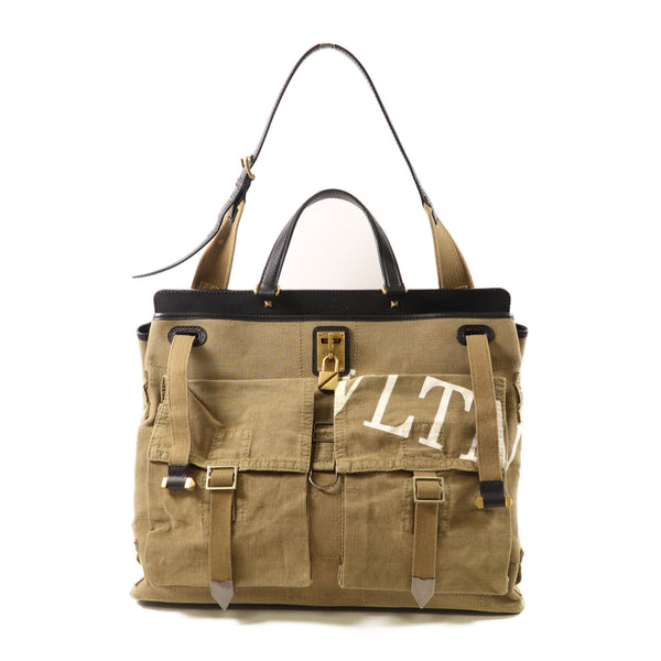 VALENTINO GHW 2 Way Bag Calfskin Leather/Canvas Black/Khaki