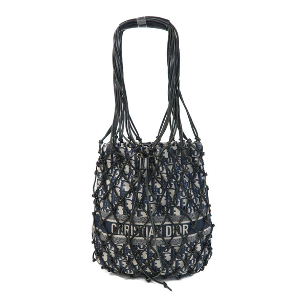 Dior Net Tote Bag Calfskin Leather Nylon Navy Black