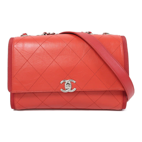 CHANEL Quilted CC SHW Chain Shoulder Bag Lambskin Leather Red