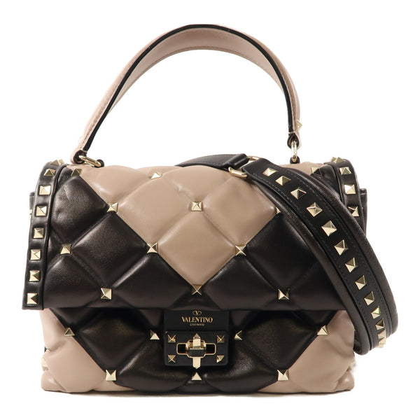 Valentino GHW 2 Way Shoulder Handbag Calfskin Leather Apricot Black