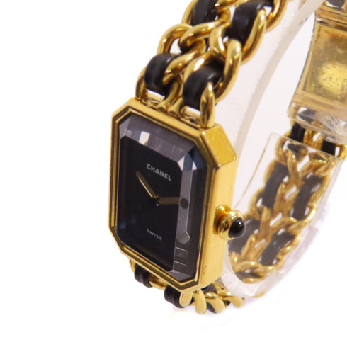 CHANEL GHW Premiere L Quartz Watch SS Leather Gold Plated H0001 Black