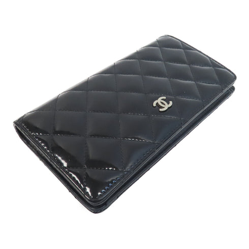 CHANEL Quilted CC SHW Long Wallet Patent Leather Black