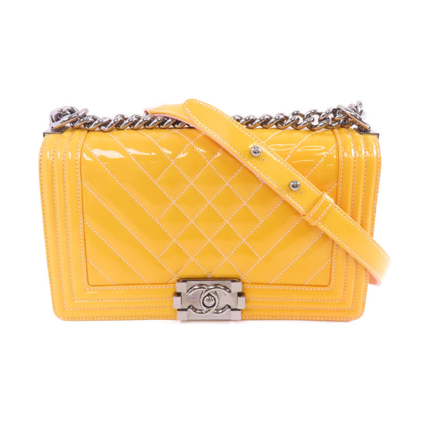 CHANEL CC SHW Boy 25 Chain Shoulder Bag Patent Leather Yellow