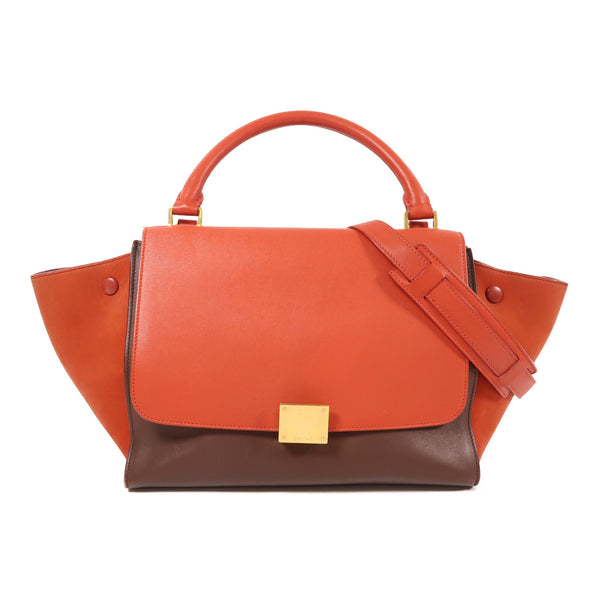CELINE GHW Trapeze 2 Way Shoulder Bag Calfskin Leather Red