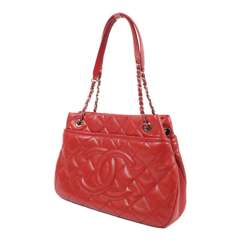 CHANEL CC SHW Chain Shoulder Tote Bag Calfskin Leather Red