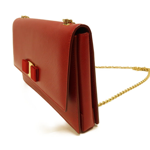 Salvatore Ferragamo GHW Chain Shoulder Bag Calfskin Leather Red v1