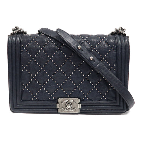 CHANEL CC SHW Boy Chain Shoulder Bag Quilted Calfskin Leather Blue