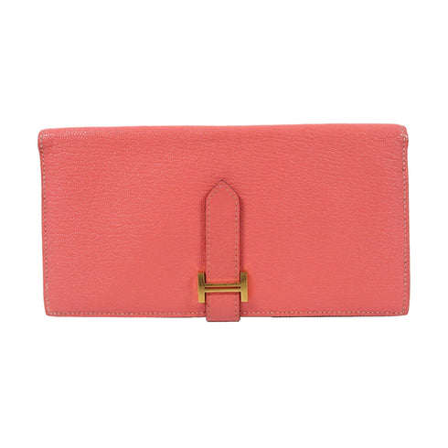 HERMES GHW Bearn Bi-fold Fold Long Wallet Chevre Leather Rose Dragee Pink