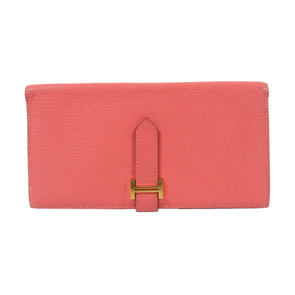 HERMES GHW Bearn Bi-fold Fold Long Wallet Chevre Leather Rose Dragee Pink