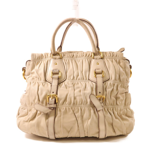 PRADA GHW 2 Way Shoulder Bag Handbag Lambskin Leather Beige