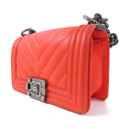 CHANEL Herringbone CC SHW Boy Chanel Chain Shoulder Bag Calfskin Leather Orange