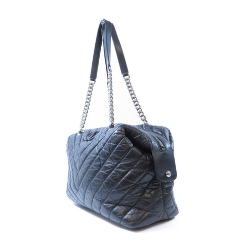 CHANEL Herringbone CC SHW Shoulder Bag Leather Black