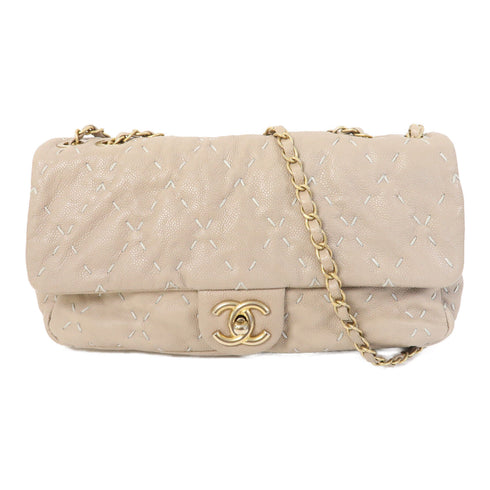 CHANEL CC GHW Flap Chain Shoulder Bag Calfskin Leather Beige