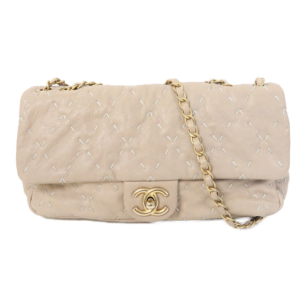 CHANEL CC GHW Flap Chain Shoulder Bag Calfskin Leather Beige