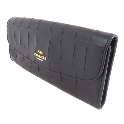 COACH GHW Long Wallet Calfskin Leather Black
