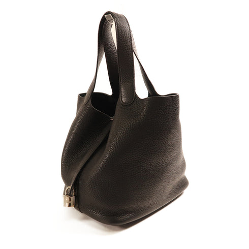 HERMES PHW Picotin MM Handbag Taurillon Clemence Leather Noir Black v1