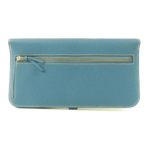 HERMES PHW Dogon MM Long Wallet Clemence Leather Blue Jeans