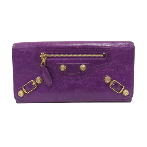 BALENCIAGA GHW City Long Wallet Lambskin Leather Purple
