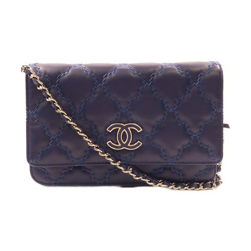 CHANEL CC SHW Wallet On Chain Chain Shoulder Bag Lambskin Leather Blue