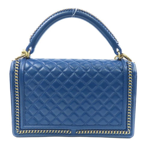 CHANEL Quilted CC GHW Boy 28 Chain Shoulder Bag Lambskin Leather Blue