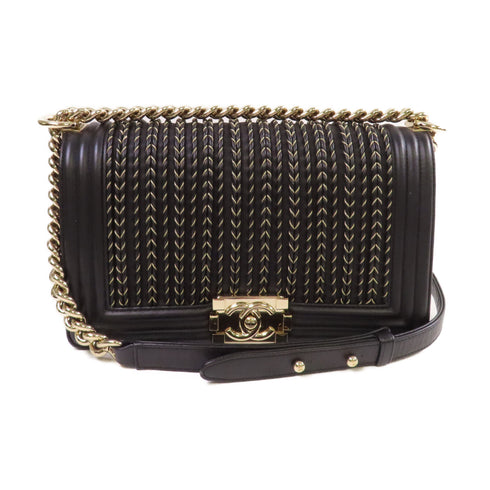CHANEL Quilted CC GHW Boy Chanel Chain Shoulder Bag Calfskin Leather Black Gold