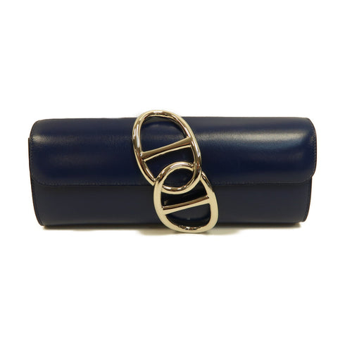 HERMES PHW Egee Clutch Bag Pouch Tadelake Leather Stamp R Bleu Saphir Blue